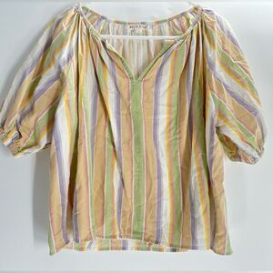 Roller Rabbit Short Puff Sleeve Blouse Top Sz XS Rainbow Stripe Split Neck Boho